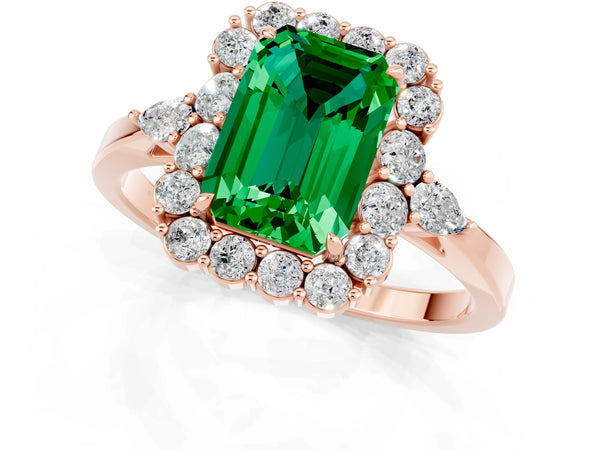 Rose gold Emerald Cut Emerald Halo Ring with Pear Side Stones and Prong Setting