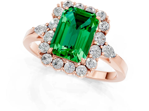 Rose gold Emerald Cut Emerald Halo Ring with Pear Side Stones and Prong Setting_13
