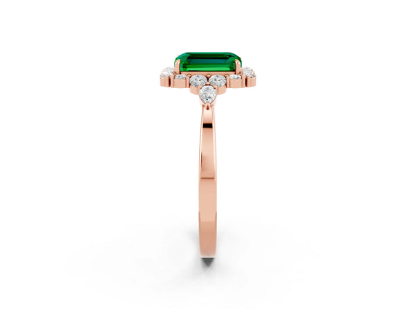 Rose gold Emerald Cut Emerald Halo Ring with Pear Side Stones and Prong Setting