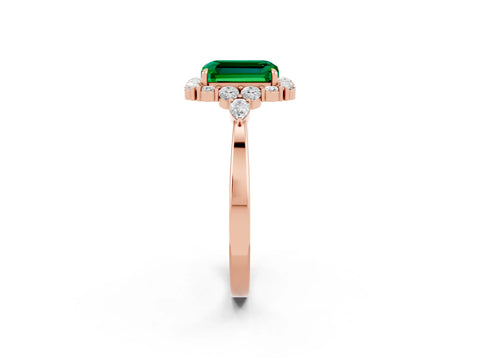 Rose gold Emerald Cut Emerald Halo Ring with Pear Side Stones and Prong Setting_14