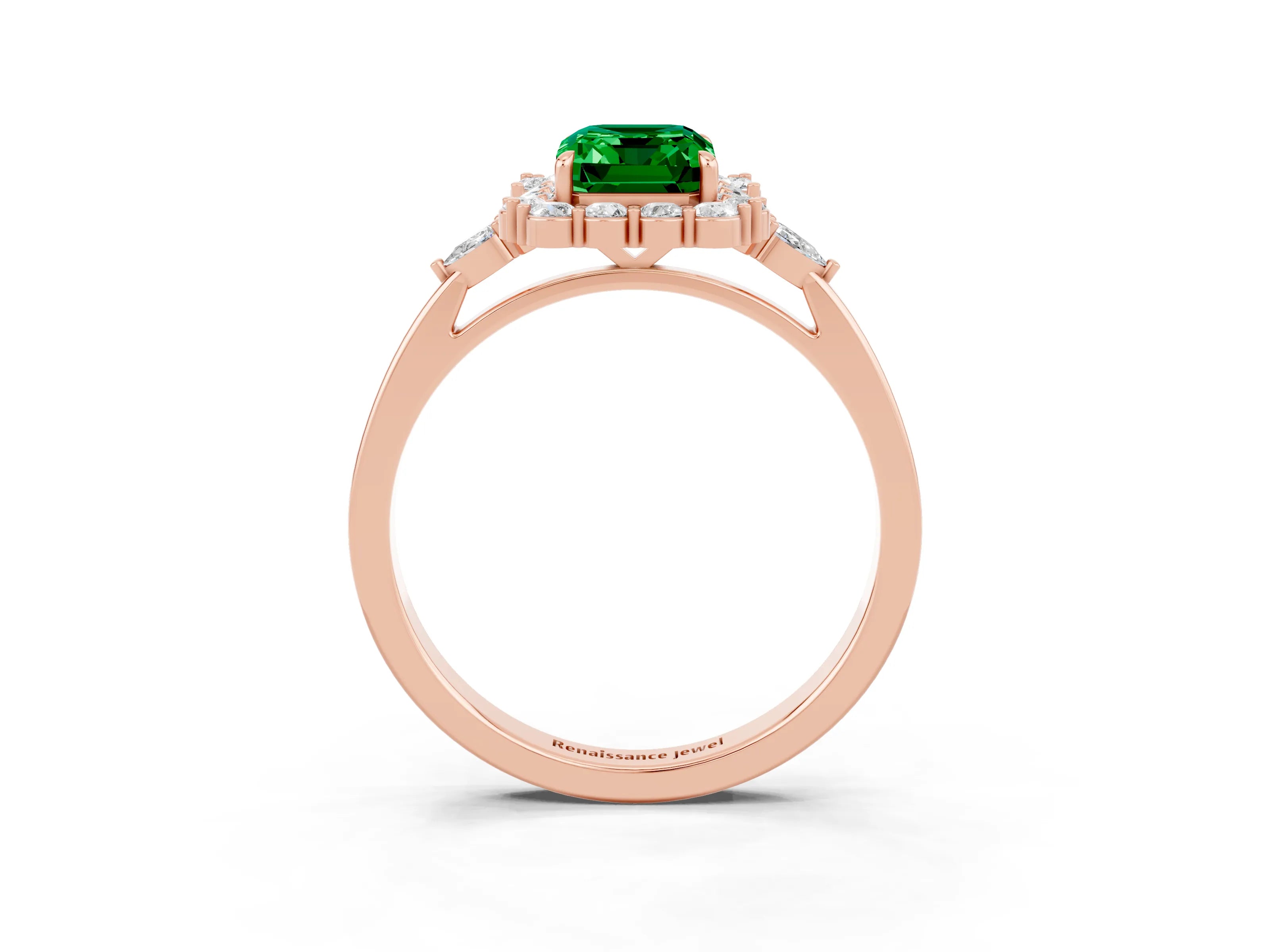 Rose gold Emerald Cut Emerald Halo Ring with Pear Side Stones and Prong Setting_15