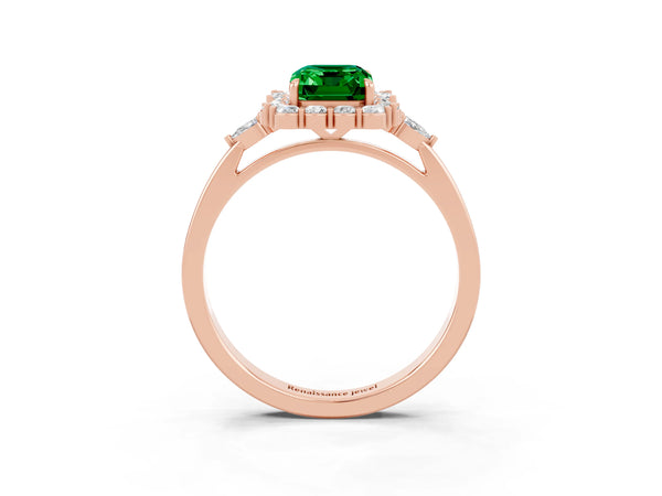Rose gold Emerald Cut Emerald Halo Ring with Pear Side Stones and Prong Setting