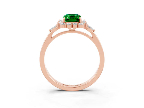 Rose gold Emerald Cut Emerald Halo Ring with Pear Side Stones and Prong Setting_15