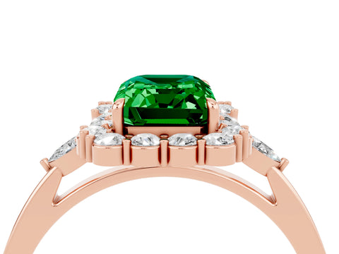 Rose gold Emerald Cut Emerald Halo Ring with Pear Side Stones and Prong Setting_16