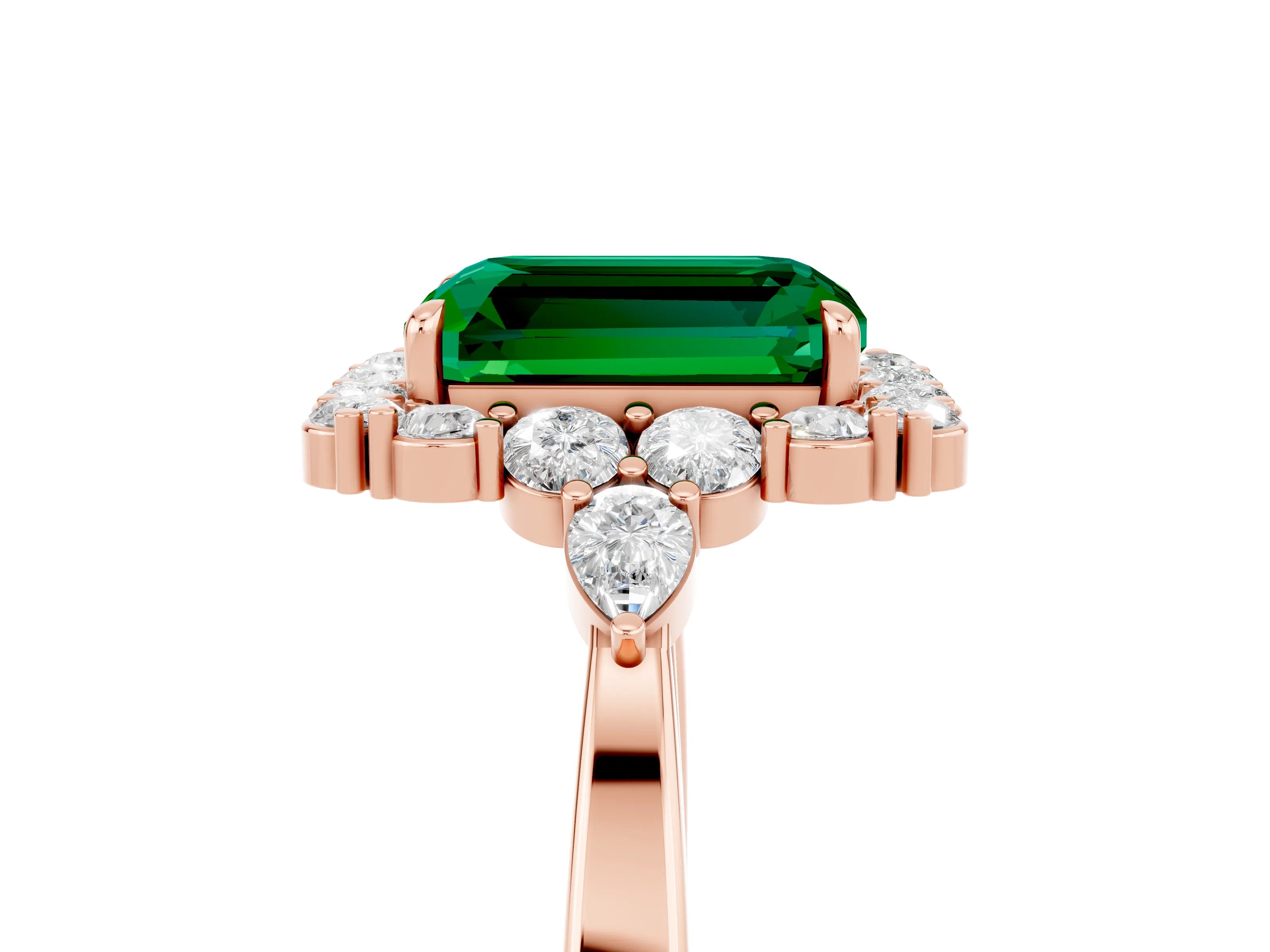 Rose gold Emerald Cut Emerald Halo Ring with Pear Side Stones and Prong Setting_17