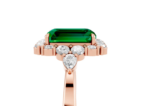 Rose gold Emerald Cut Emerald Halo Ring with Pear Side Stones and Prong Setting_17