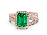 Rose gold Emerald Cut Emerald Halo Ring with Round Split Shank and Prong Setting_48