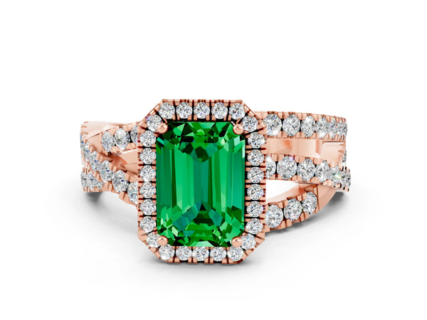 Rose gold Emerald Cut Emerald Halo Ring with Round Split Shank and Prong Setting
