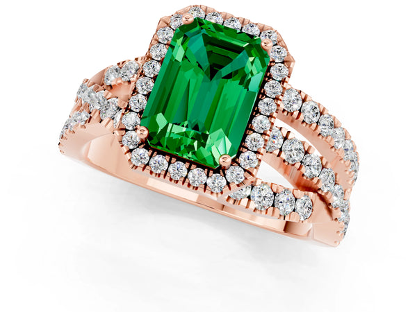 Rose gold Emerald Cut Emerald Halo Ring with Round Split Shank and Prong Setting