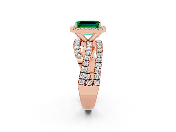 Rose gold Emerald Cut Emerald Halo Ring with Round Split Shank and Prong Setting
