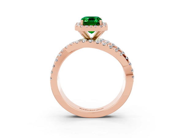Rose gold Emerald Cut Emerald Halo Ring with Round Split Shank and Prong Setting