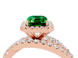 Rose gold Emerald Cut Emerald Halo Ring with Round Split Shank and Prong Setting_52