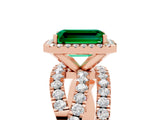 Rose gold Emerald Cut Emerald Halo Ring with Round Split Shank and Prong Setting_53