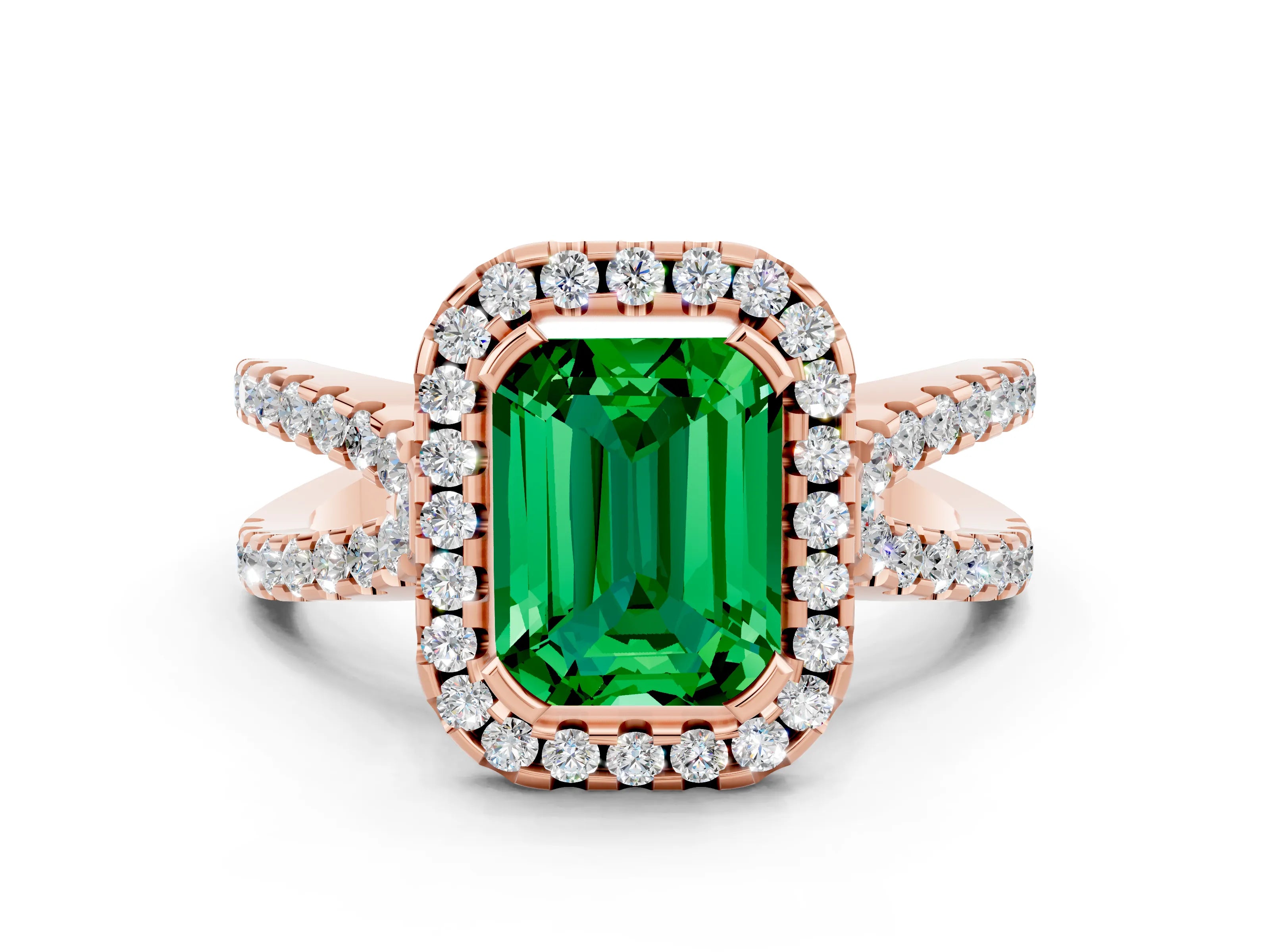 Rose gold Emerald Cut Emerald Halo Ring with Split Shank Pavé Band and Prong Setting