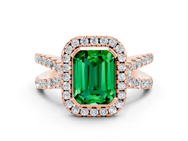 Rose gold Emerald Cut Emerald Halo Ring with Split Shank Pavé Band and Prong Setting