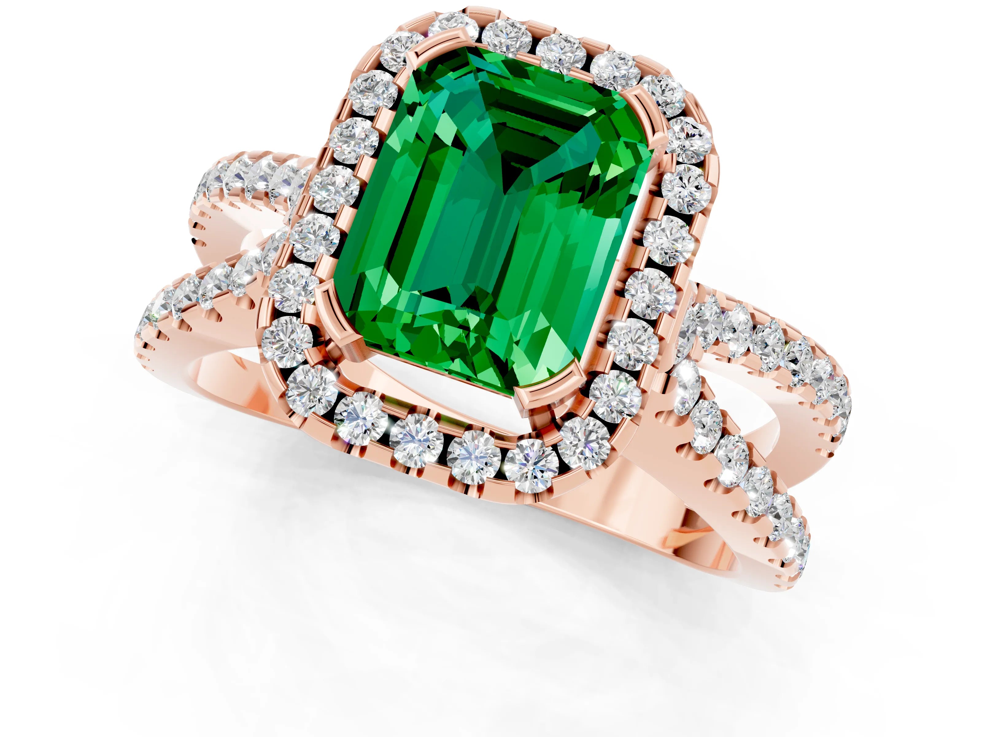 Rose gold Emerald Cut Emerald Halo Ring with Split Shank Pavé Band and Prong Setting_1