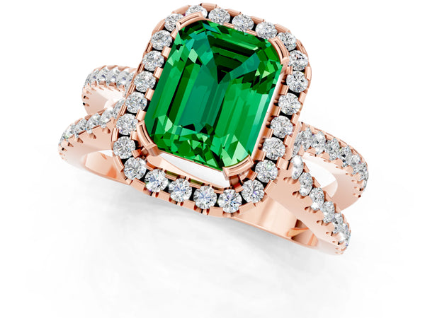 Rose gold Emerald Cut Emerald Halo Ring with Split Shank Pavé Band and Prong Setting