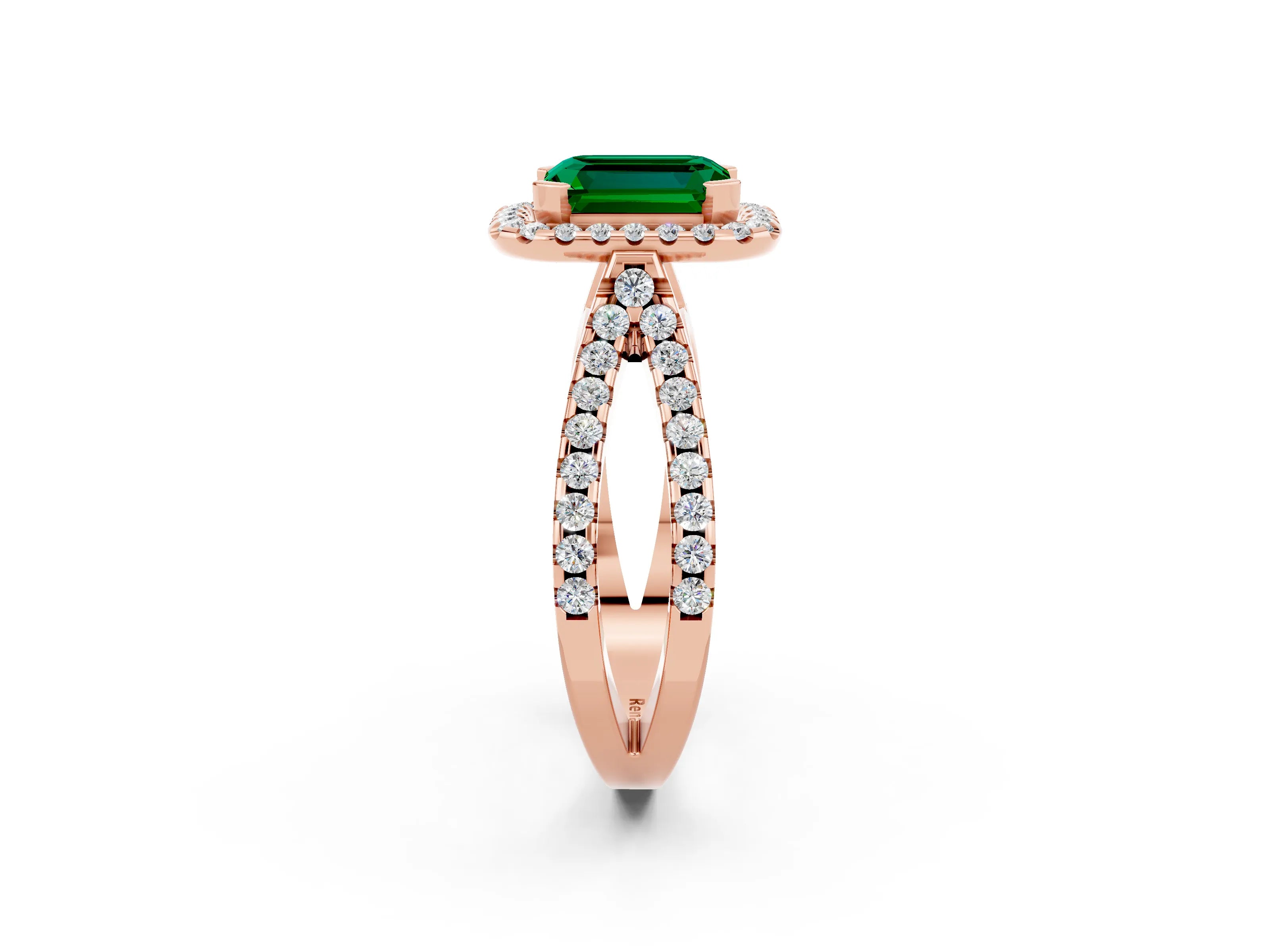 Rose gold Emerald Cut Emerald Halo Ring with Split Shank Pavé Band and Prong Setting_2