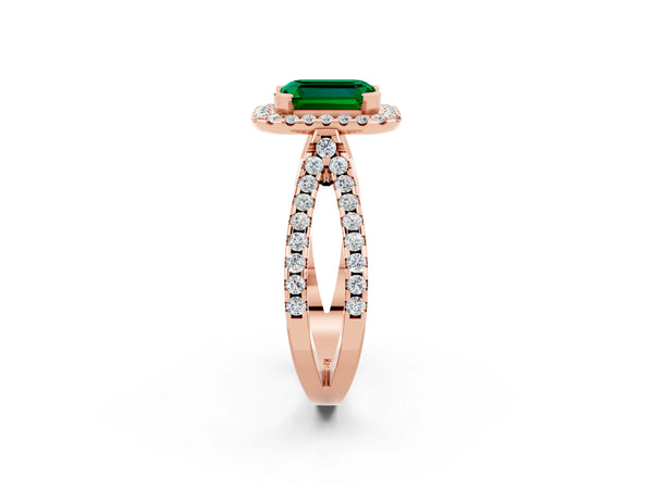 Rose gold Emerald Cut Emerald Halo Ring with Split Shank Pavé Band and Prong Setting