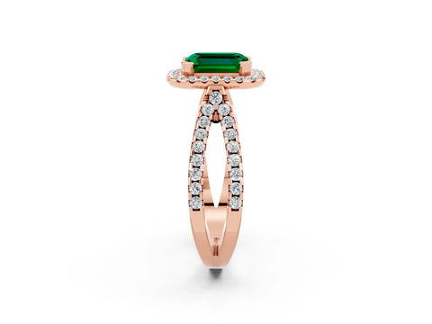 Rose gold Emerald Cut Emerald Halo Ring with Split Shank Pavé Band and Prong Setting_2