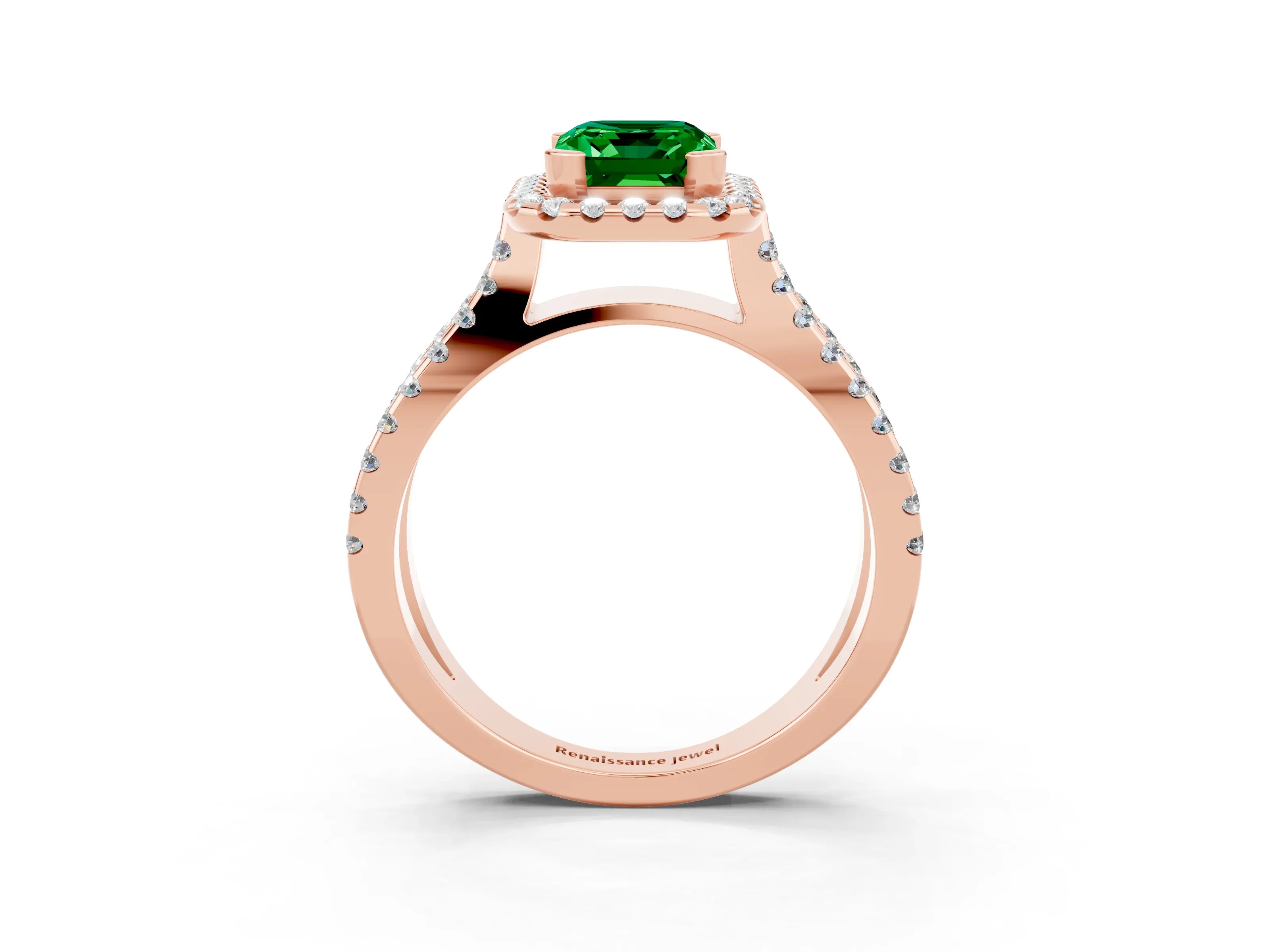 Rose gold Emerald Cut Emerald Halo Ring with Split Shank Pavé Band and Prong Setting_3