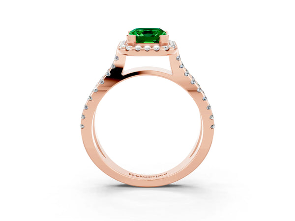 Rose gold Emerald Cut Emerald Halo Ring with Split Shank Pavé Band and Prong Setting