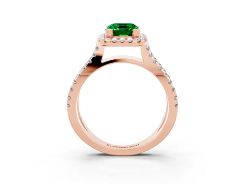 Rose gold Emerald Cut Emerald Halo Ring with Split Shank Pavé Band and Prong Setting_3