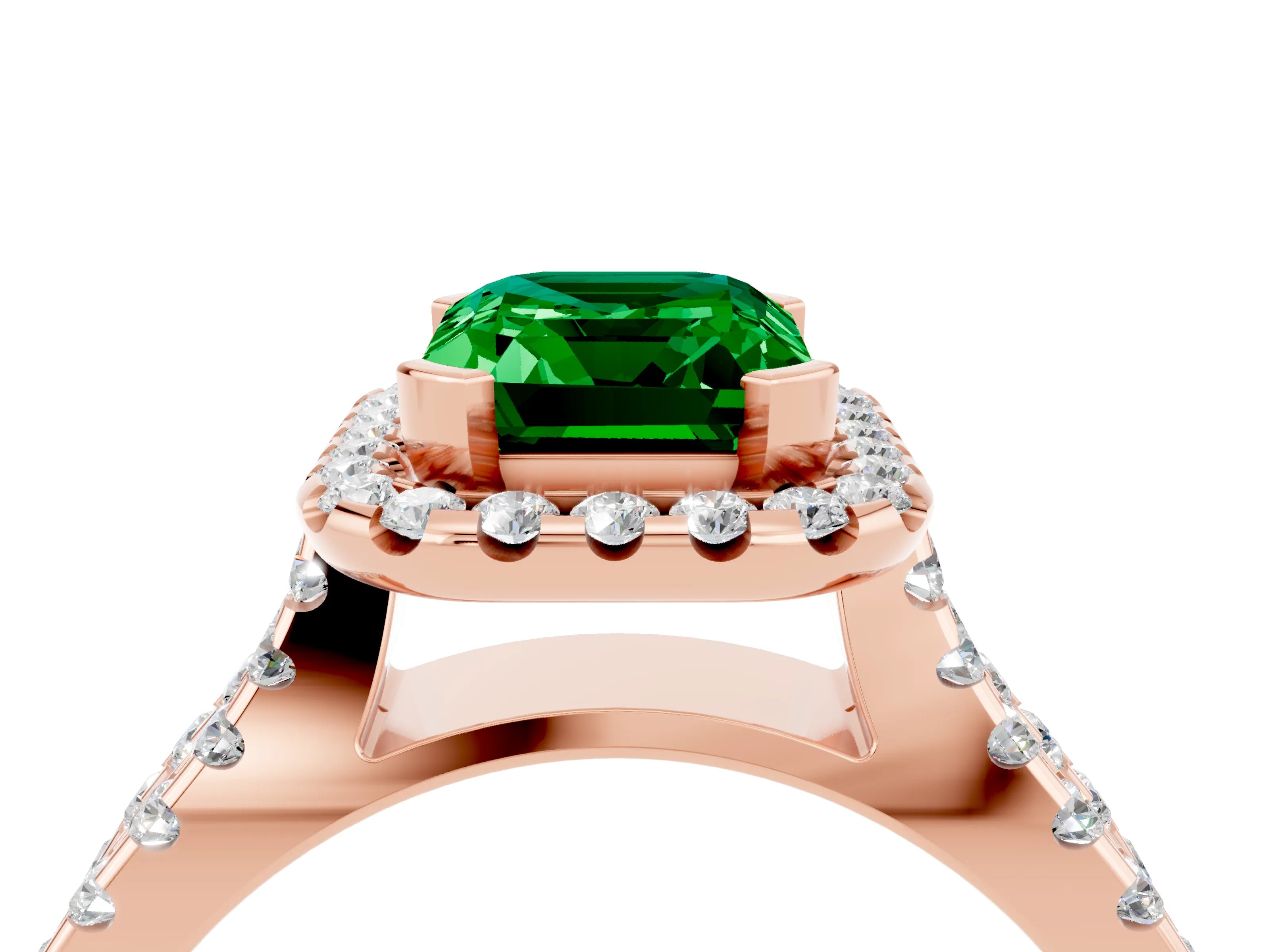 Rose gold Emerald Cut Emerald Halo Ring with Split Shank Pavé Band and Prong Setting_4