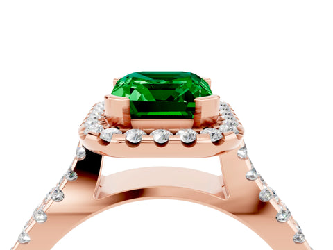 Rose gold Emerald Cut Emerald Halo Ring with Split Shank Pavé Band and Prong Setting_4