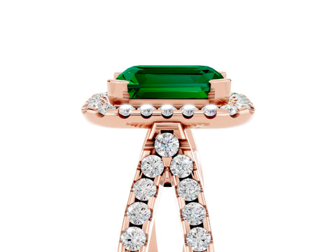 Rose gold Emerald Cut Emerald Halo Ring with Split Shank Pavé Band and Prong Setting_5