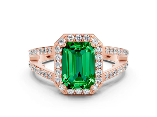 Rose gold Emerald Cut Emerald Halo Ring with Split Shank U-Prong Band and Four-Prong Setting