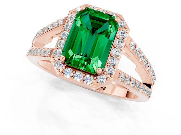 Rose gold Emerald Cut Emerald Halo Ring with Split Shank U-Prong Band and Four-Prong Setting