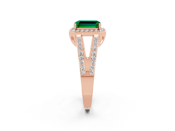 Rose gold Emerald Cut Emerald Halo Ring with Split Shank U-Prong Band and Four-Prong Setting