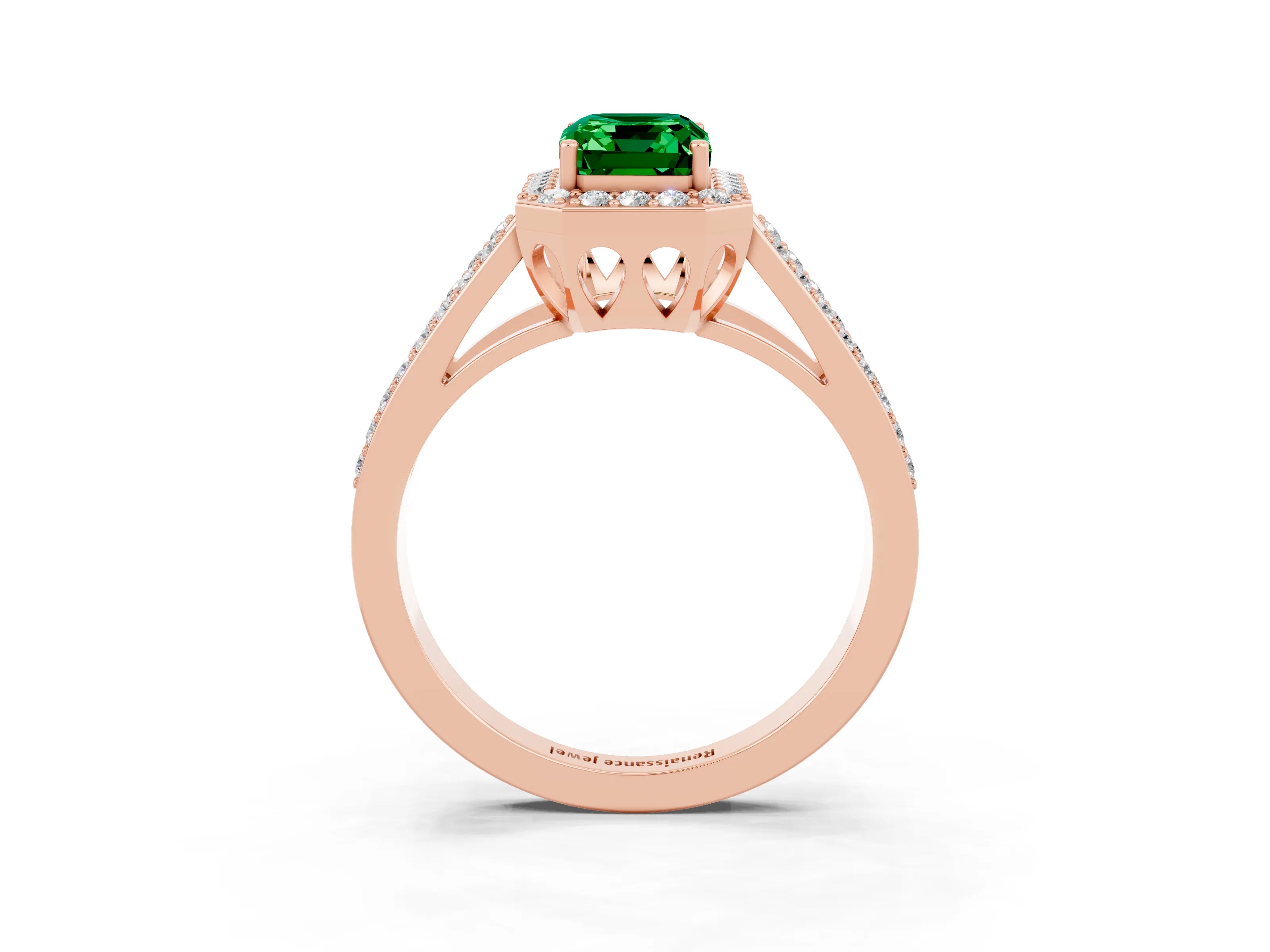 Rose gold Emerald Cut Emerald Halo Ring with Split Shank U-Prong Band and Four-Prong Setting_3
