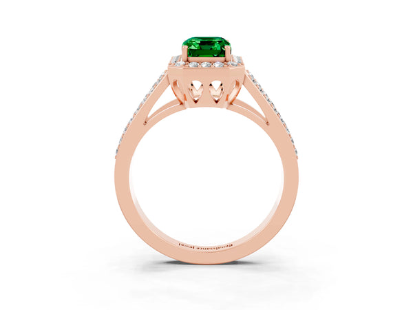 Rose gold Emerald Cut Emerald Halo Ring with Split Shank U-Prong Band and Four-Prong Setting