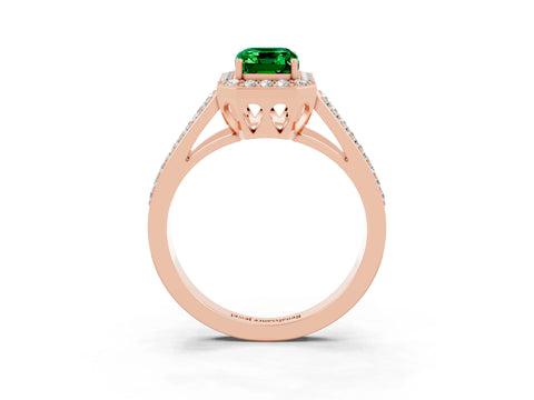 Rose gold Emerald Cut Emerald Halo Ring with Split Shank U-Prong Band and Four-Prong Setting_3