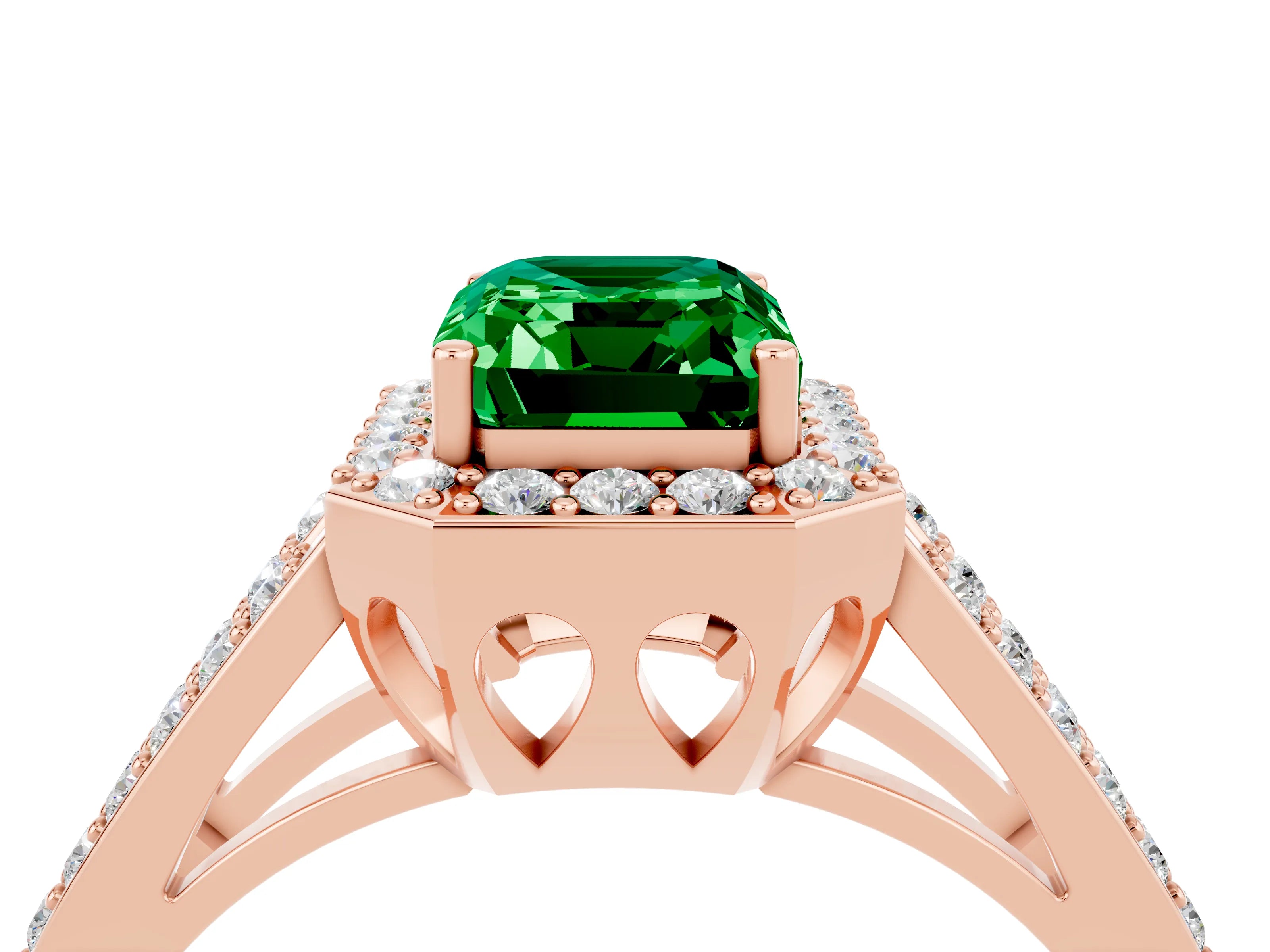 Rose gold Emerald Cut Emerald Halo Ring with Split Shank U-Prong Band and Four-Prong Setting_4