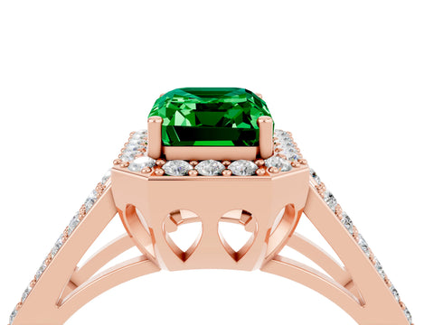 Rose gold Emerald Cut Emerald Halo Ring with Split Shank U-Prong Band and Four-Prong Setting_4