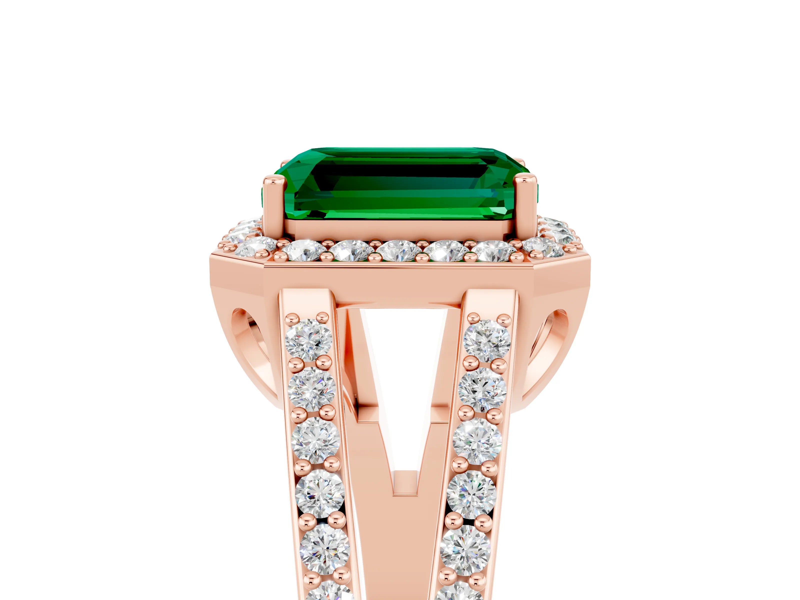 Rose gold Emerald Cut Emerald Halo Ring with Split Shank U-Prong Band and Four-Prong Setting_5