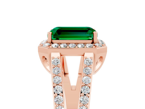 Rose gold Emerald Cut Emerald Halo Ring with Split Shank U-Prong Band and Four-Prong Setting_5