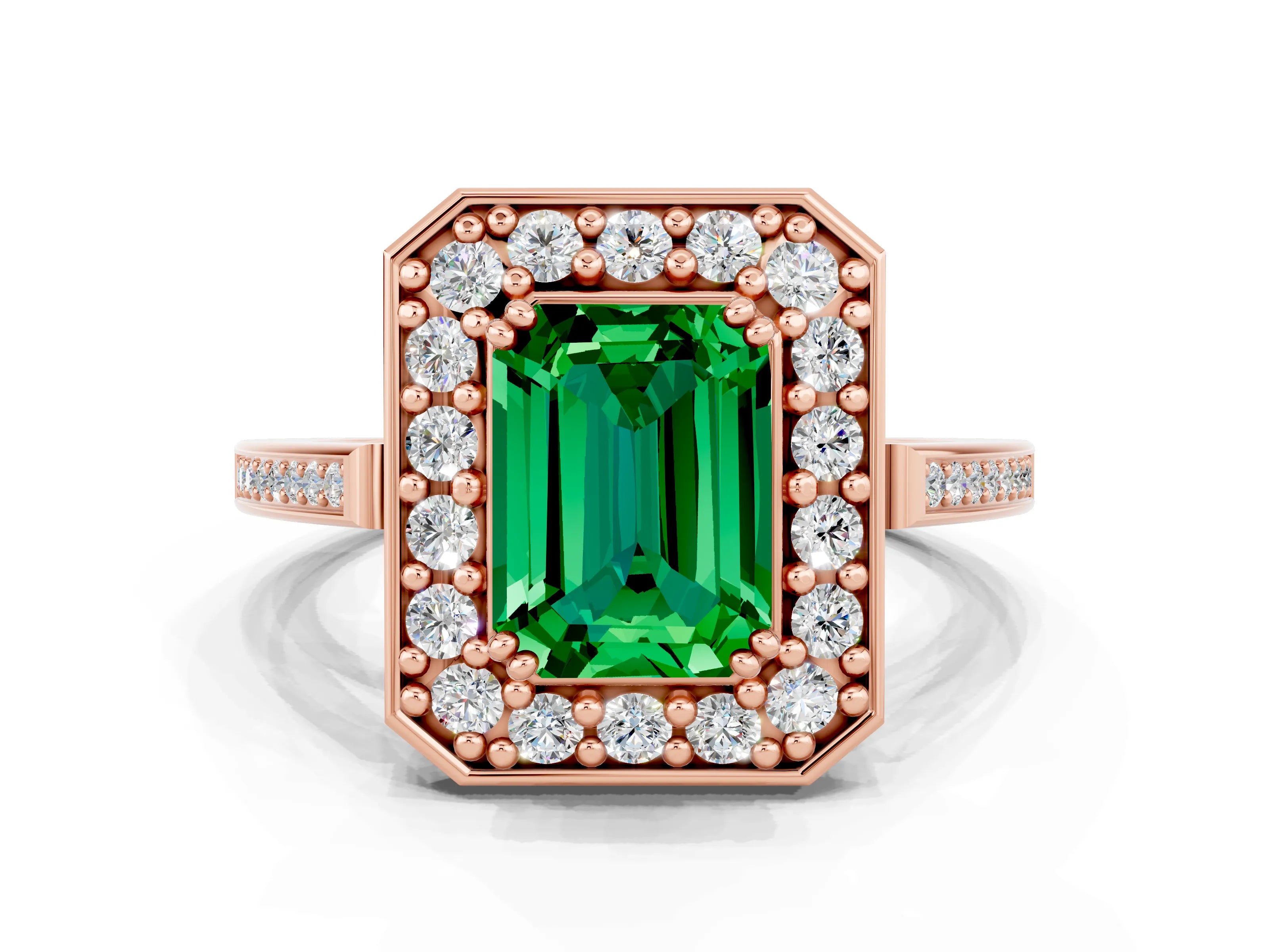 Rose gold Emerald Cut Emerald Halo Ring with Split Shank and Four-Prong Setting
