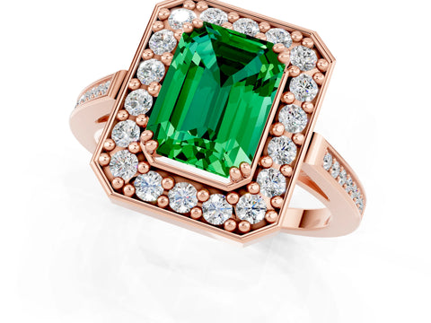 Rose gold Emerald Cut Emerald Halo Ring with Split Shank and Four-Prong Setting_1