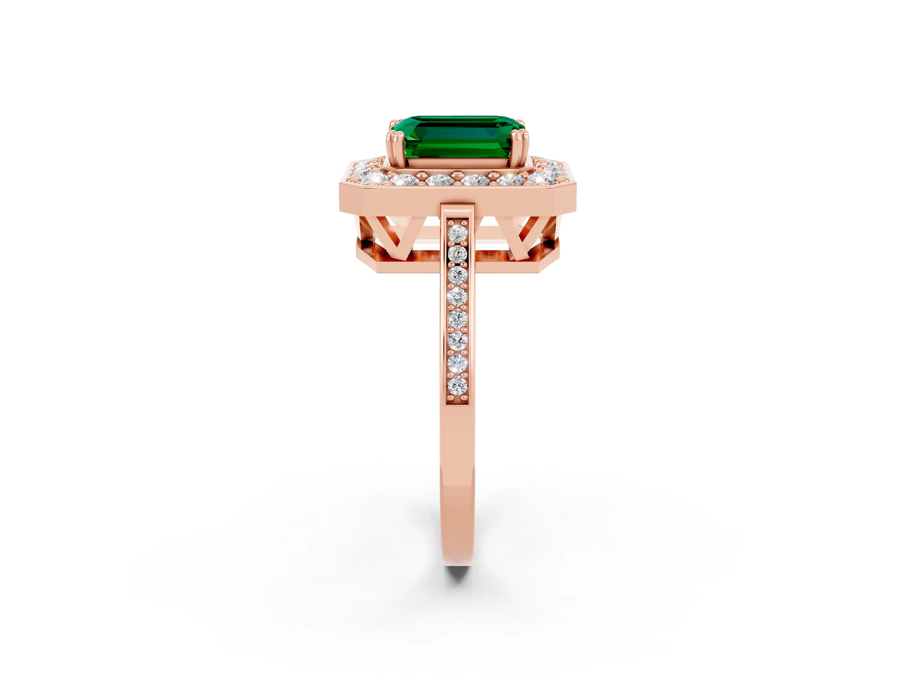 Rose gold Emerald Cut Emerald Halo Ring with Split Shank and Four-Prong Setting_2