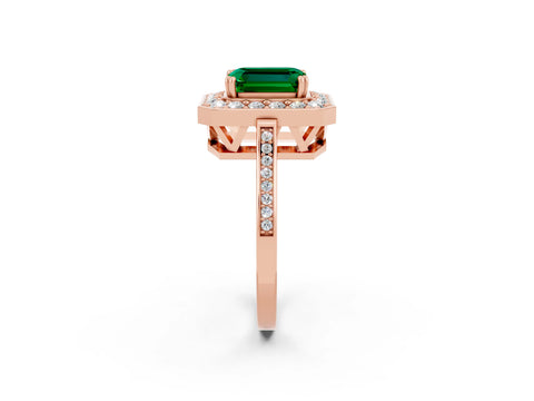 Rose gold Emerald Cut Emerald Halo Ring with Split Shank and Four-Prong Setting_2