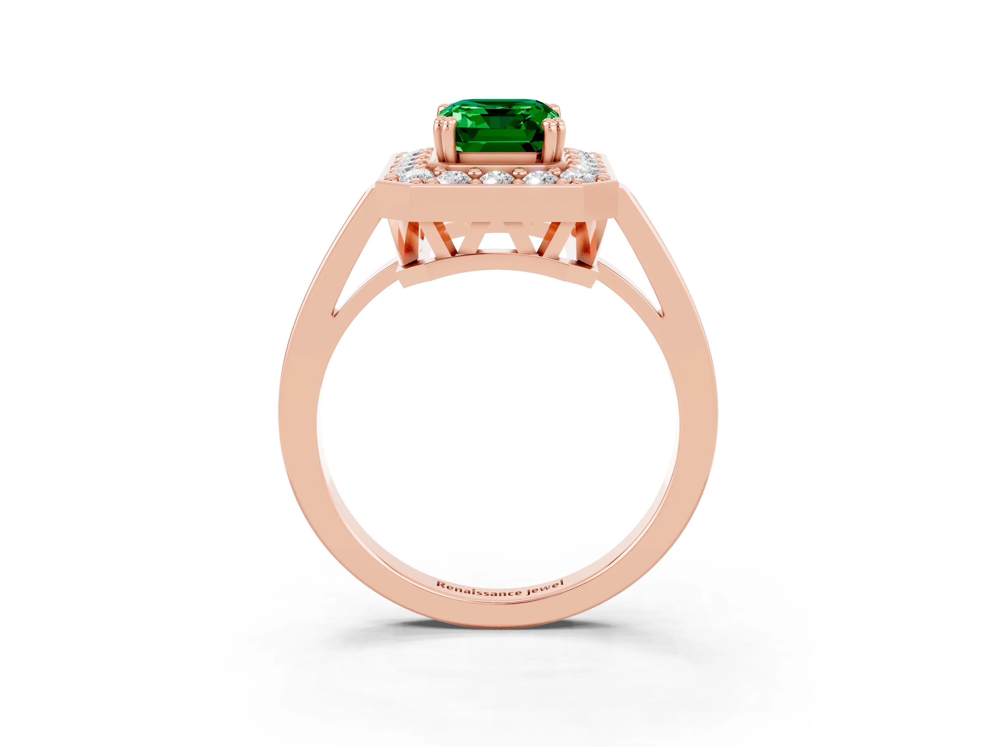 Rose gold Emerald Cut Emerald Halo Ring with Split Shank and Four-Prong Setting_3