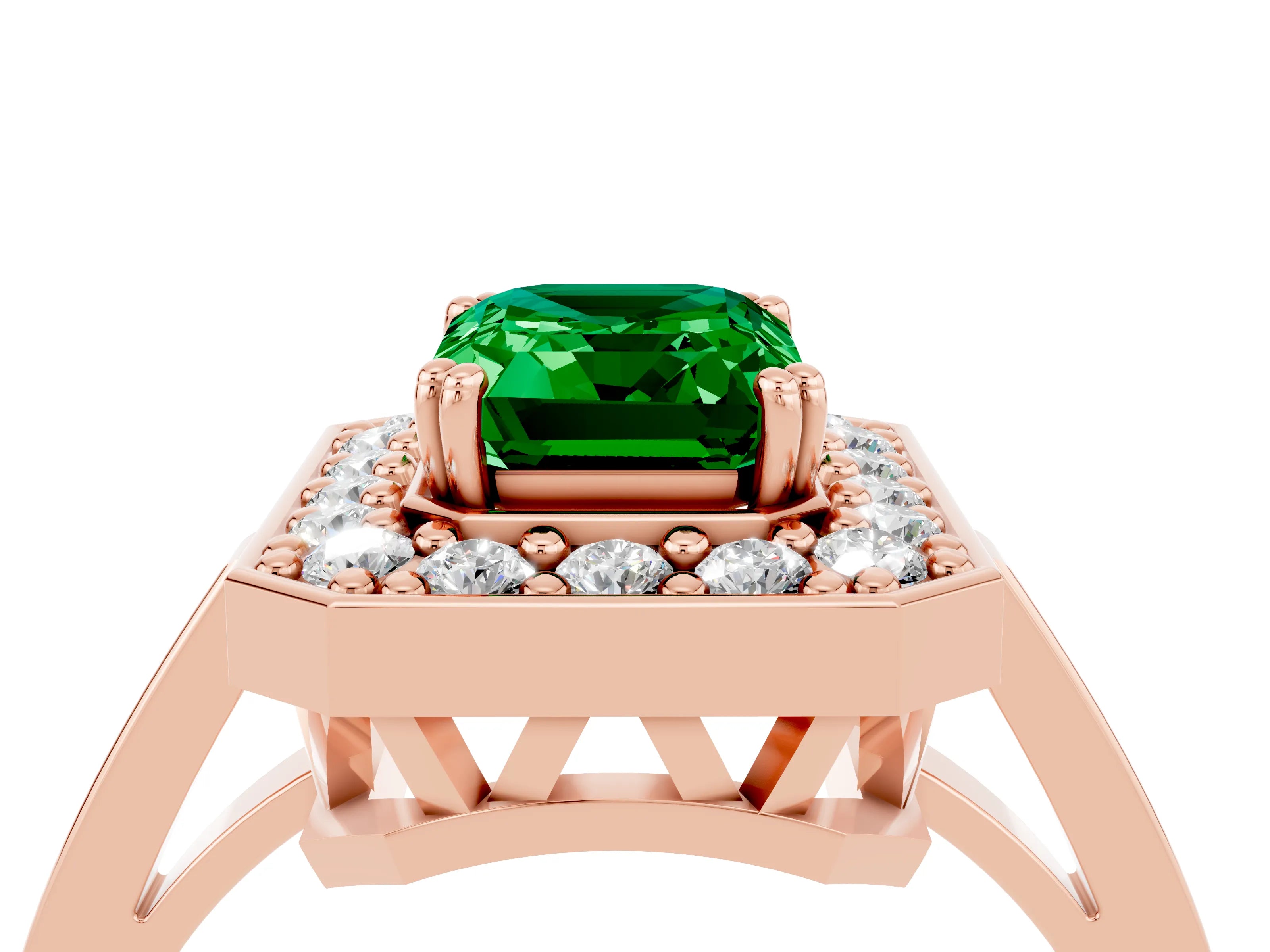 Rose gold Emerald Cut Emerald Halo Ring with Split Shank and Four-Prong Setting_4