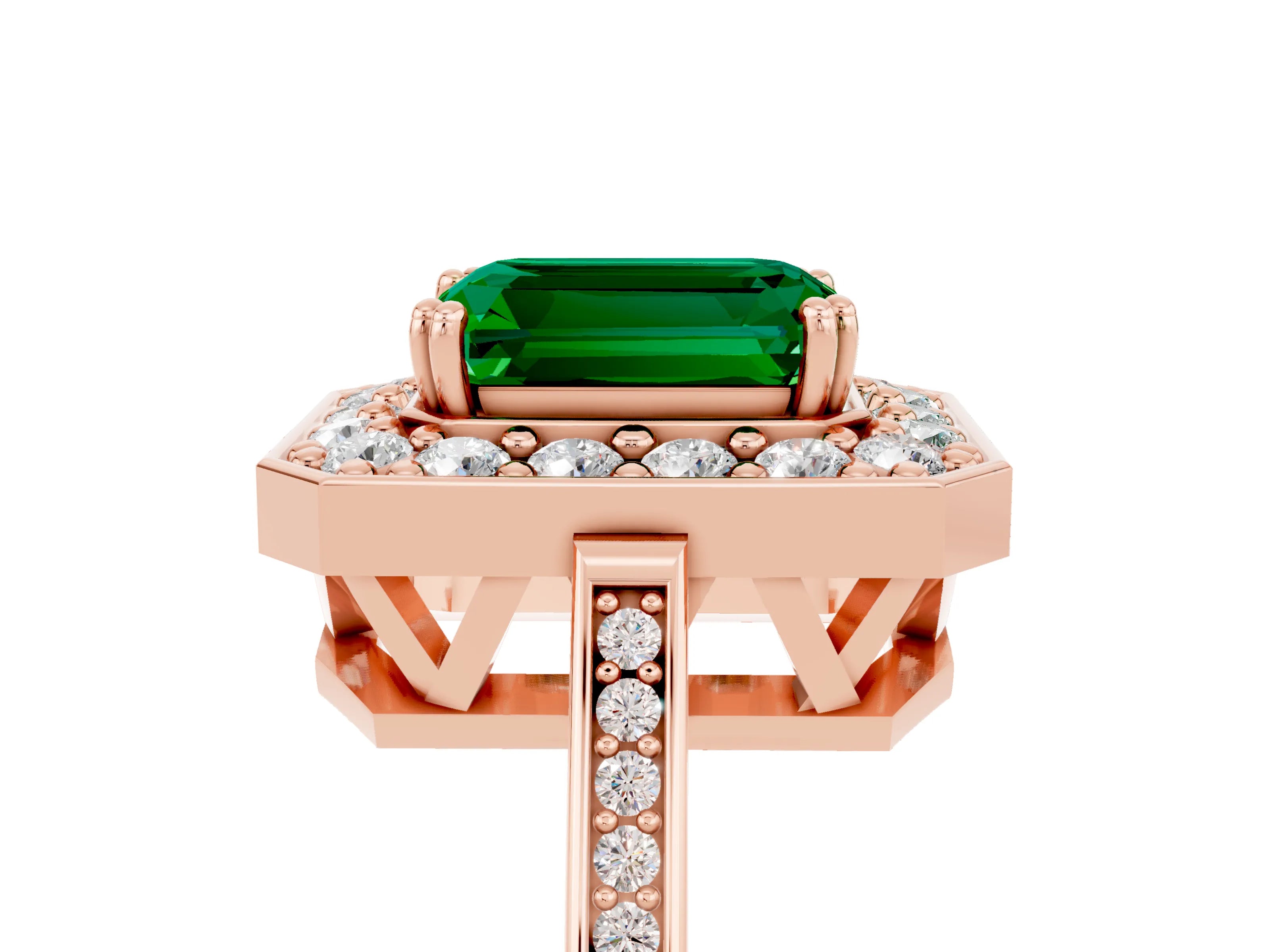 Rose gold Emerald Cut Emerald Halo Ring with Split Shank and Four-Prong Setting_5
