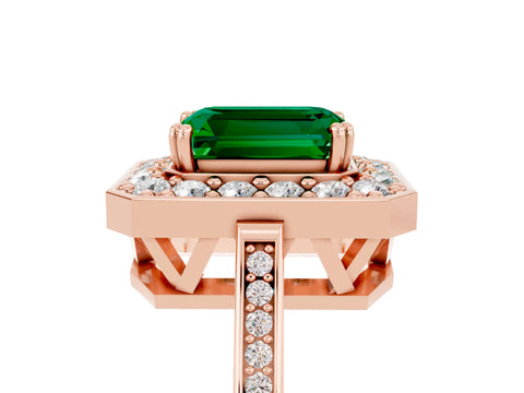 Rose gold Emerald Cut Emerald Halo Ring with Split Shank and Four-Prong Setting_5