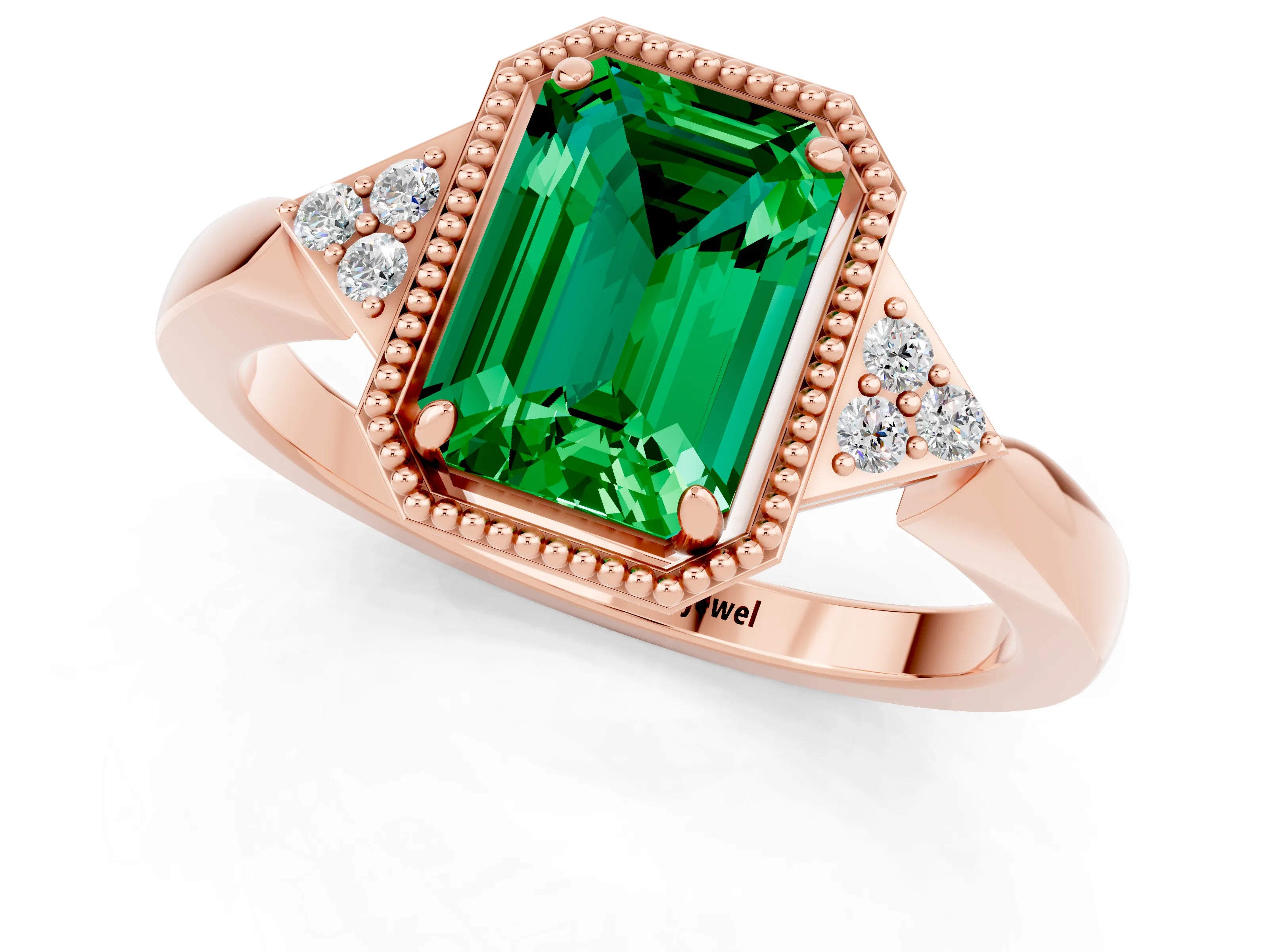 Rose gold Emerald Cut Emerald Halo Ring with Tapered Band and Four-Prong Setting_1