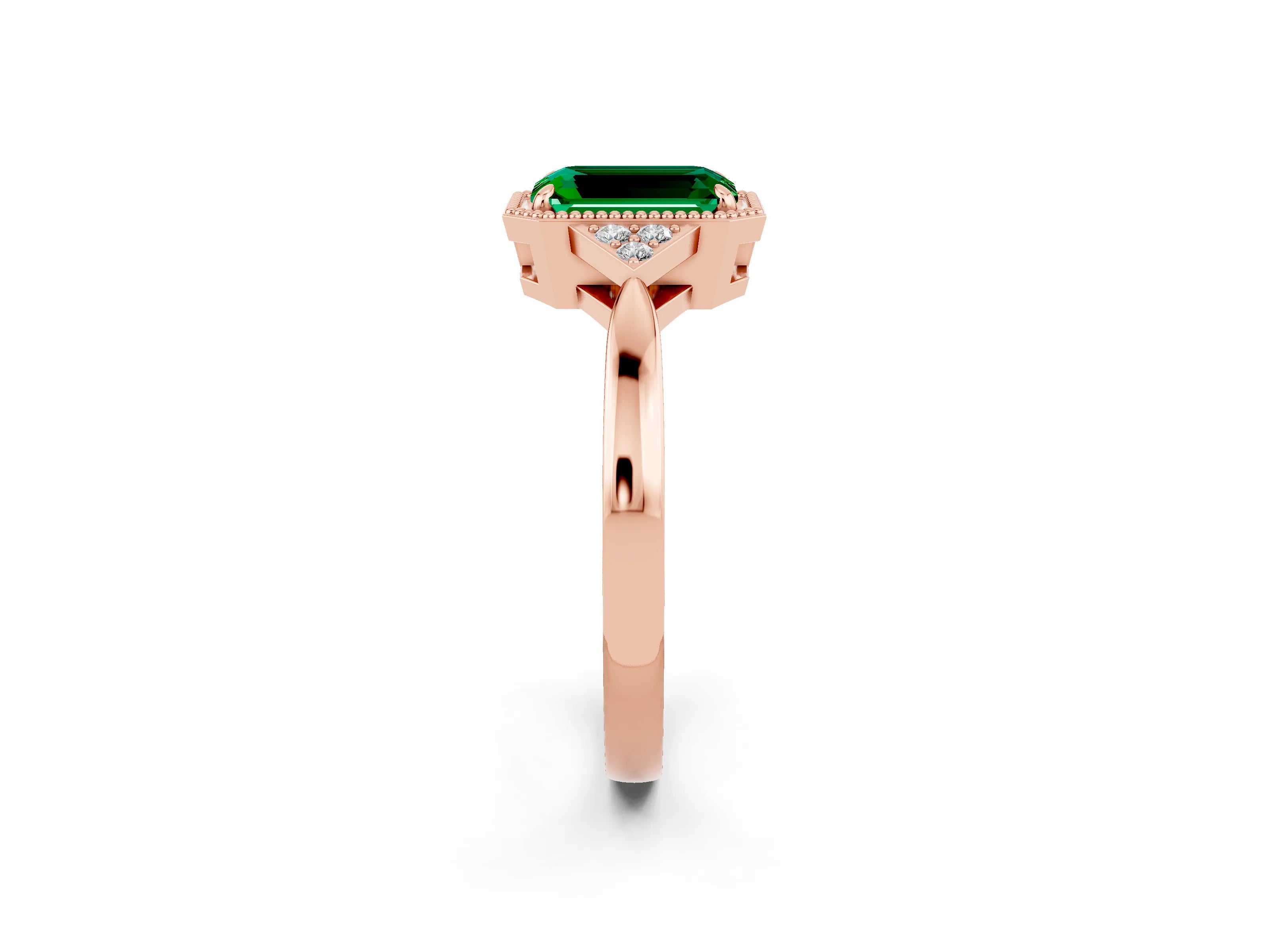 Rose gold Emerald Cut Emerald Halo Ring with Tapered Band and Four-Prong Setting_2